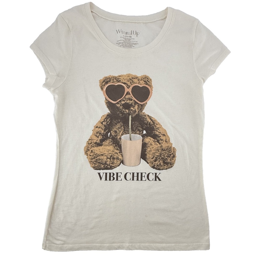 Wound Up Girls Graphic T Shirt Size L 11-13 Cream‎ Bear Vibe Check Short Sleeve